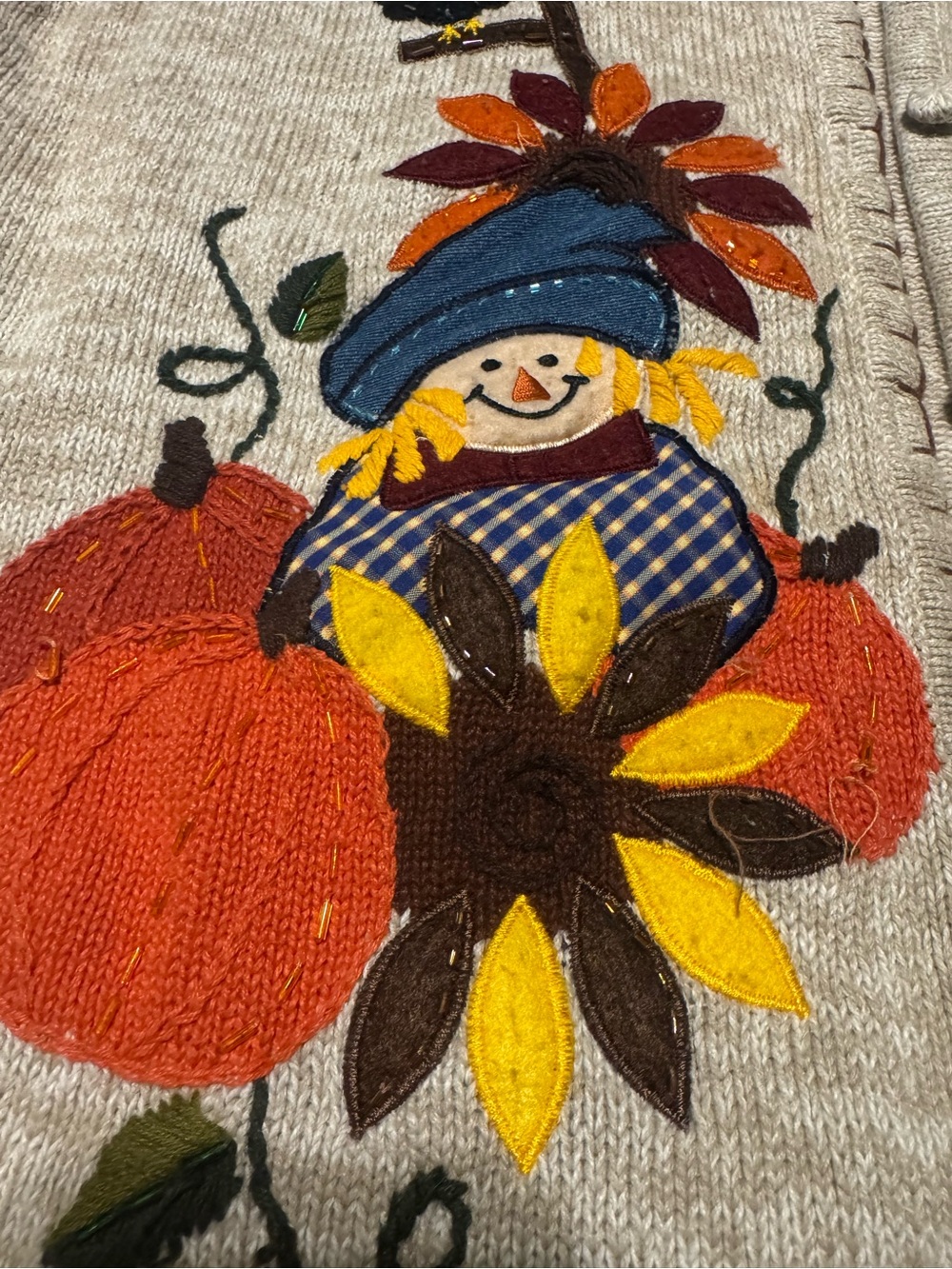 Bobbie Brooks XL Knit Sweater Vest V-Neck Button Front Scarecrow Pumpkin - Picture 2 of 6